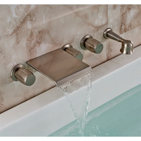 WALL MOUNT BRUSHED NICKEL WATERFALL TUB MIXER FAUCET WITH BRASS HANDHELD SHOWER
